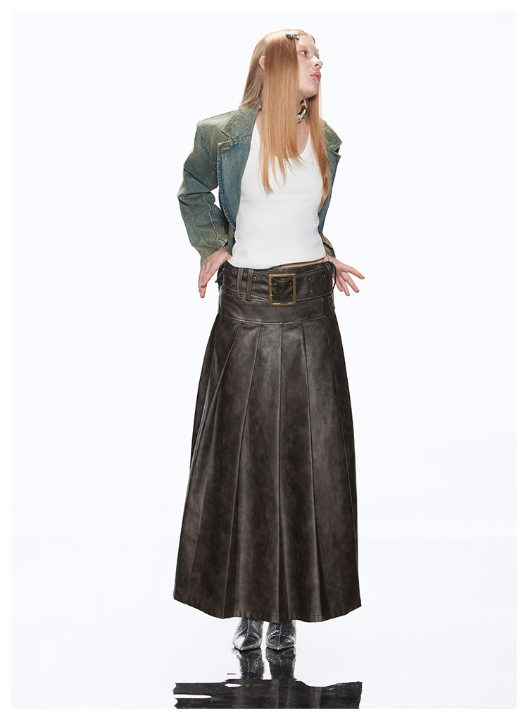 A-line Long Length Pleated Retro Leather Skirt