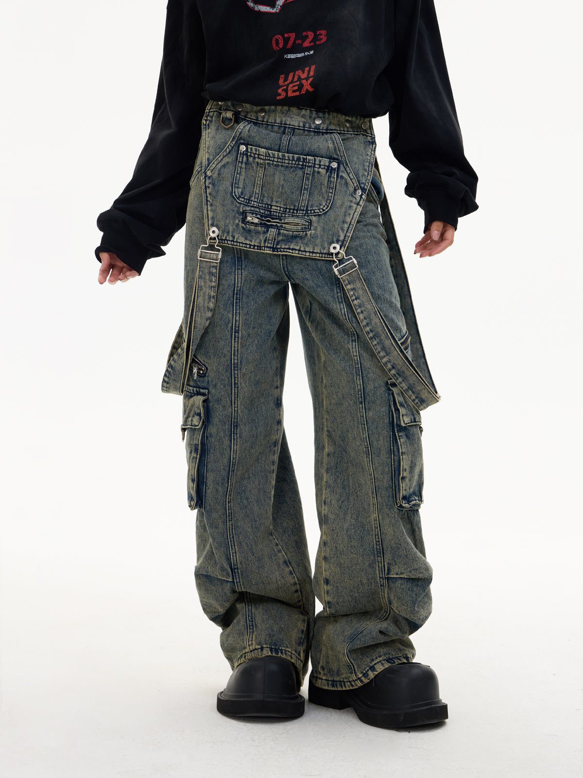 Multi-pocket Washed Denim Overalls