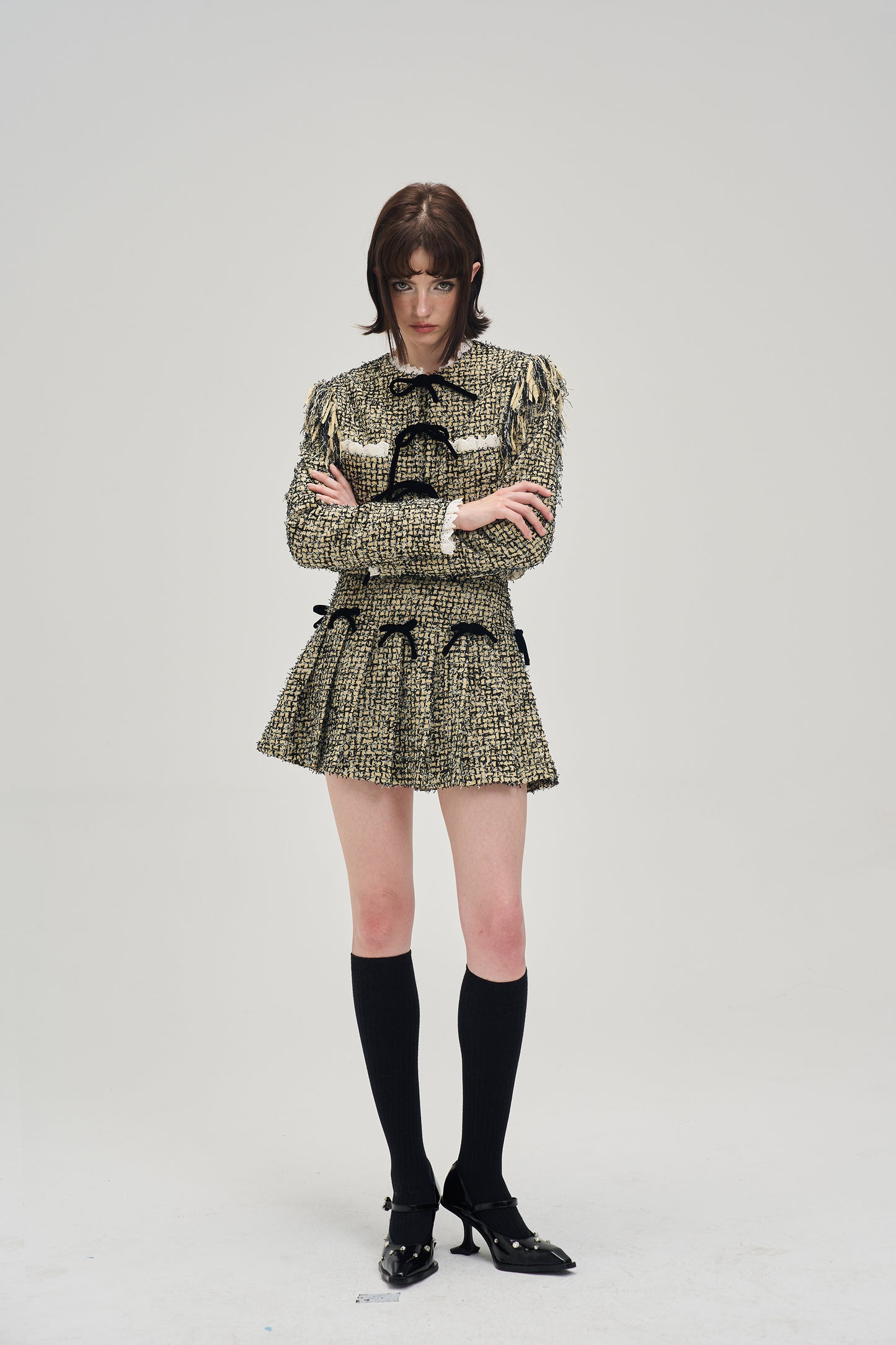 Ribbon Design Short Length Tweed Jacket & Short Length Tweed Ribbon Skirt