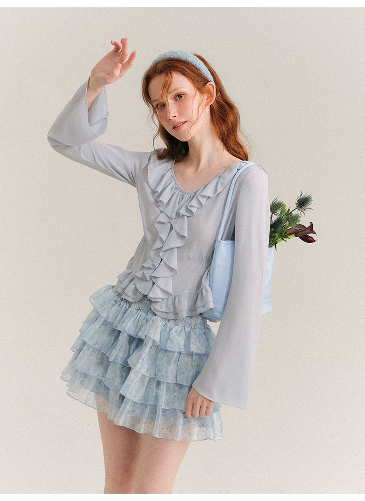 Sea Blue Broken Ruffle French Shirt Top