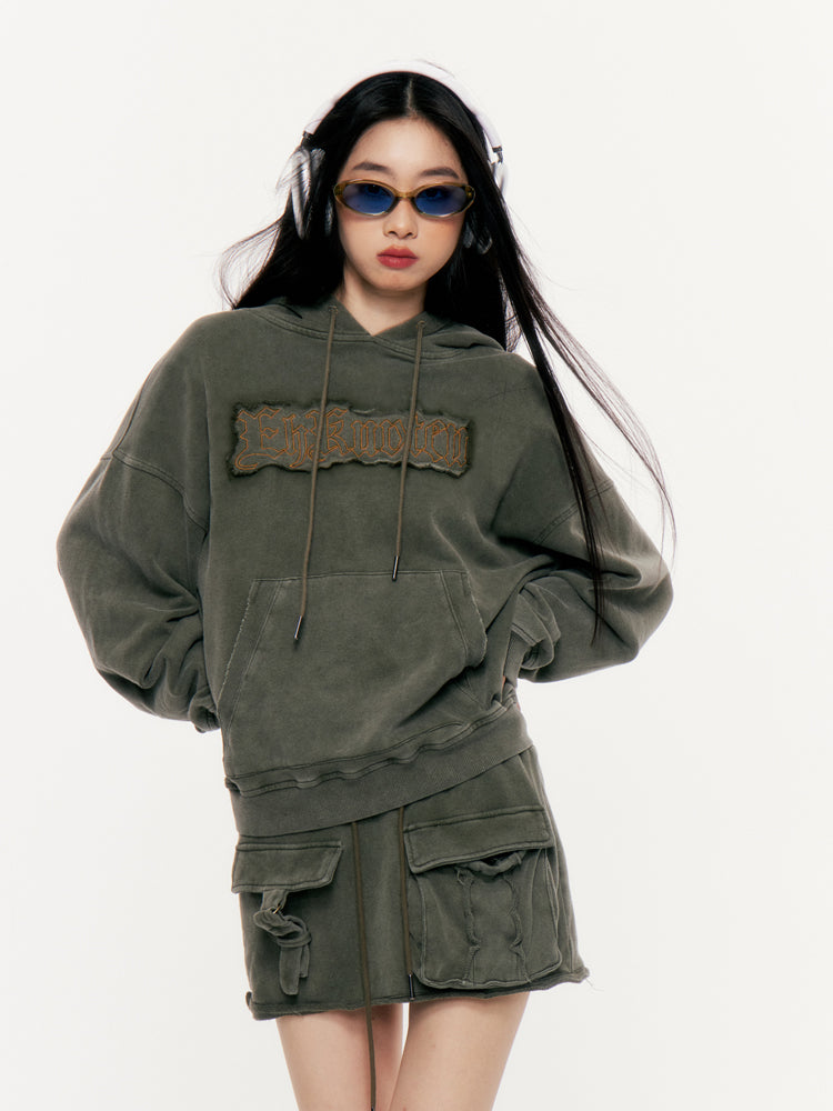 Embroidered Edge Loose Military Green Sweatshirt Setup