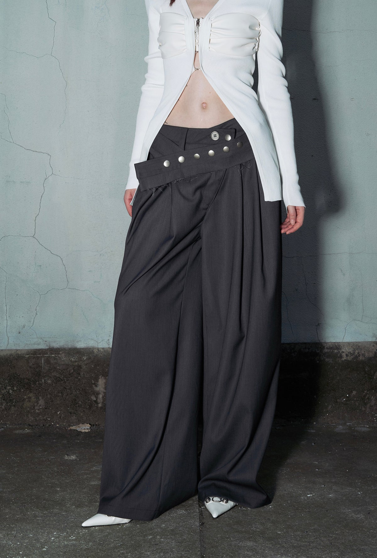 Irregular Waist Wide Straight Slacks Pants