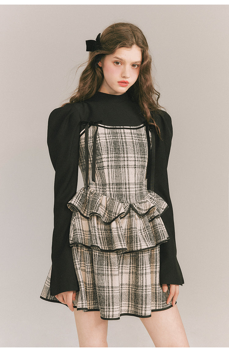 Checkered Shoulder Bow Fake Two-piece Dress