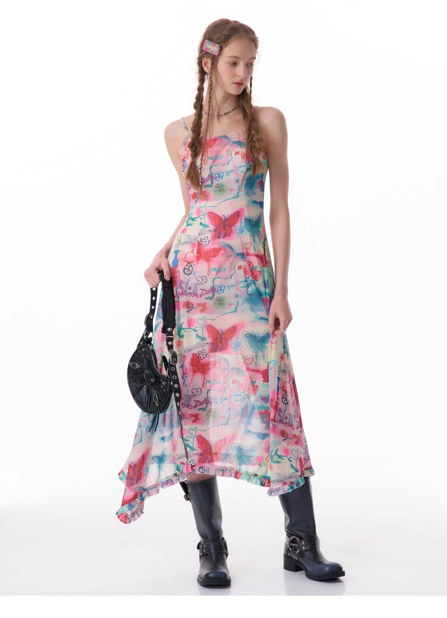 Graffiti butterfly print suspender dress