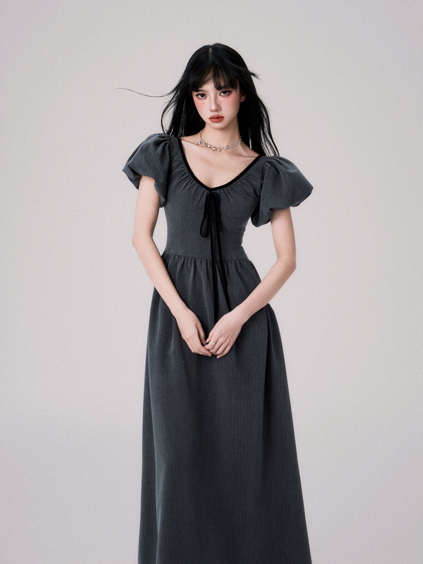 French V-neck Puff Sleeve Ribbon Dress