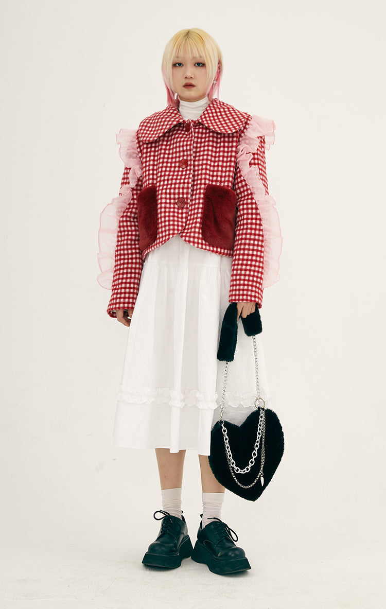 Girly Red Check Ruffle Jacket