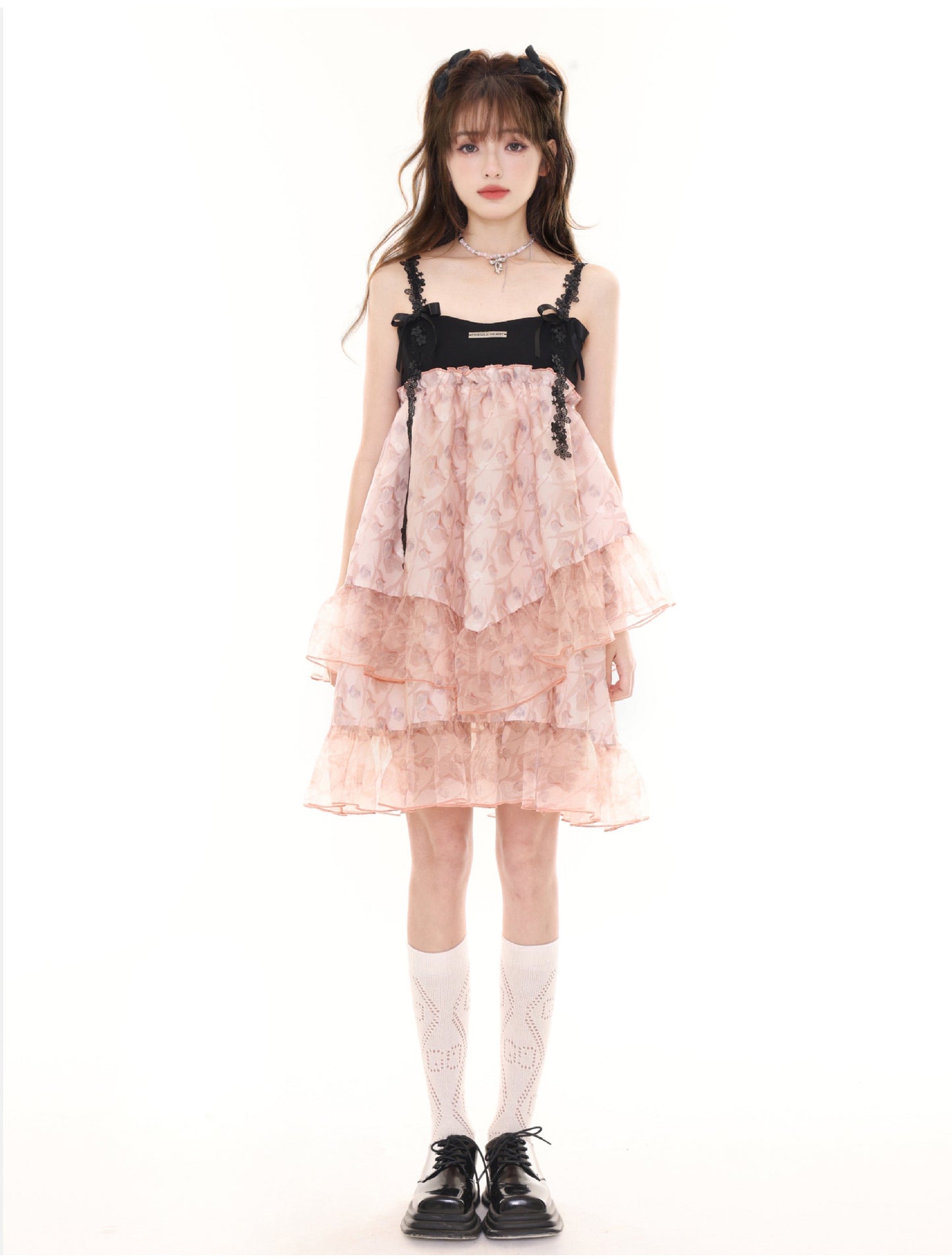 Shoulder Ribbon Ruffle Girly Suspender Dress