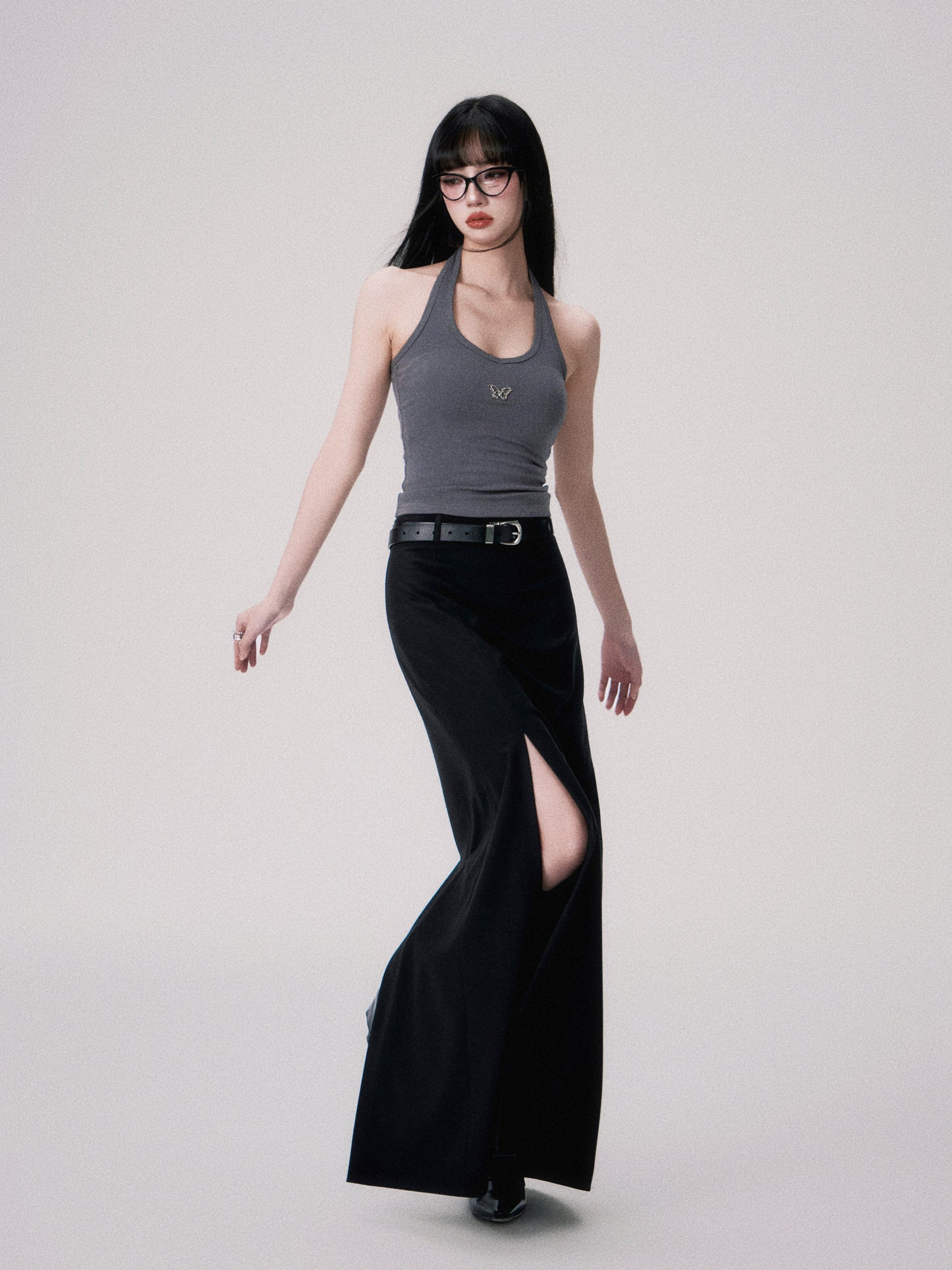 Slim straight mid-waist slit long skirt