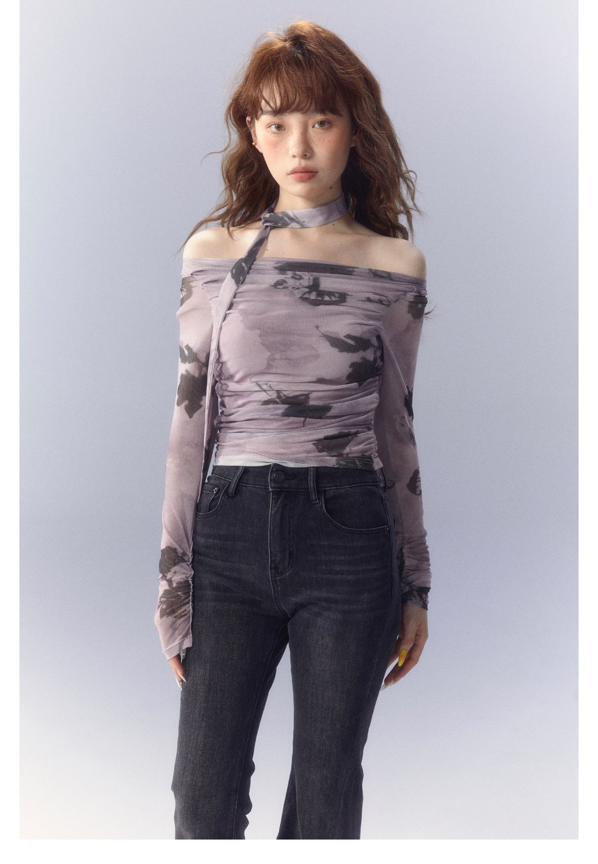 Purple Butterfly Rose Print Mesh Long-Sleeved T-Shirt