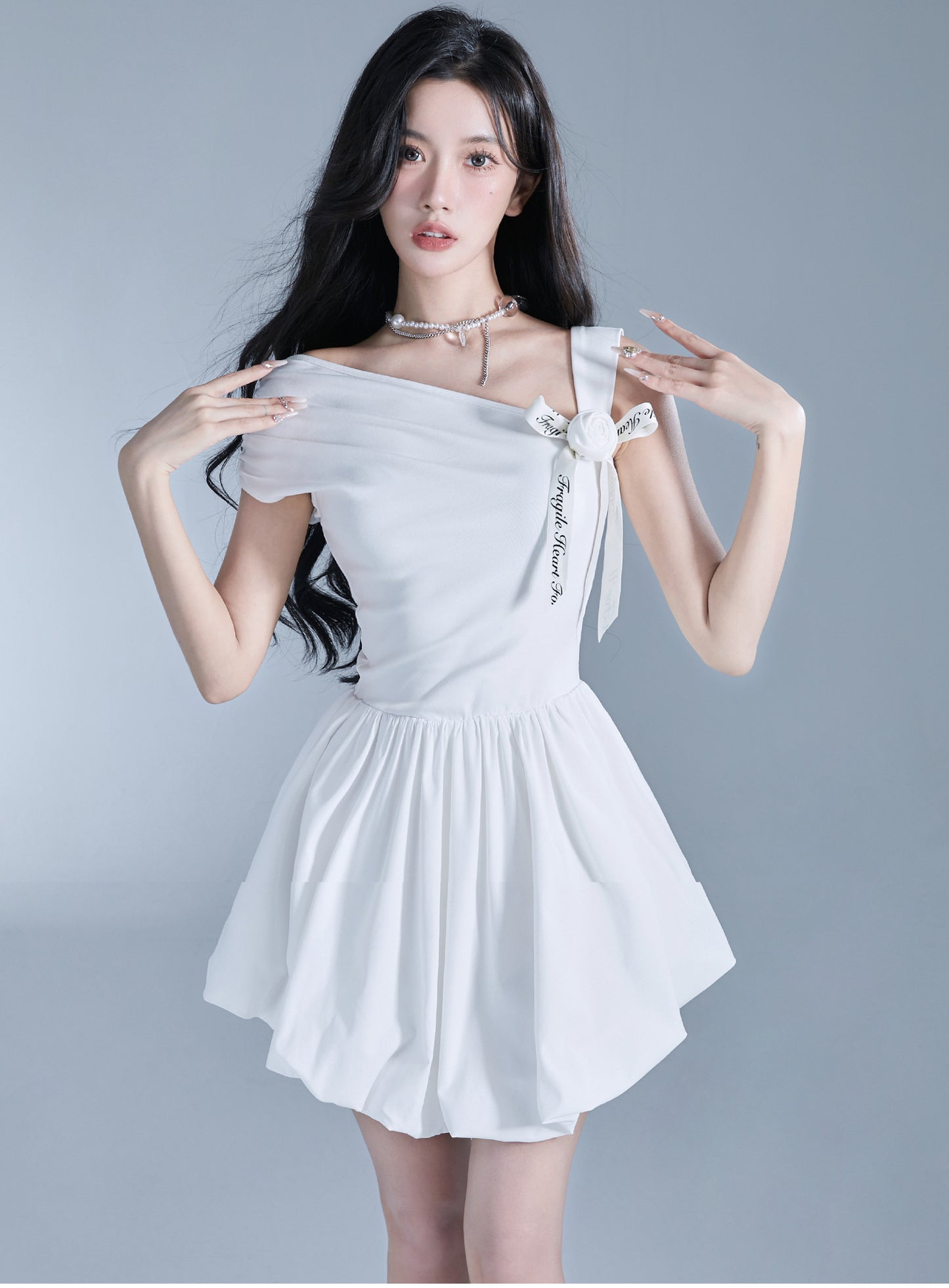 French One Shoulder Ribbon Short Length Dress