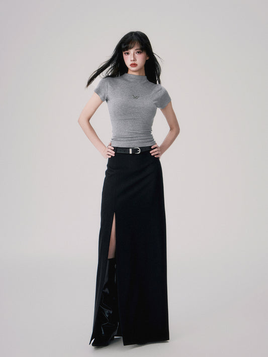 Slim straight mid-waist slit long skirt