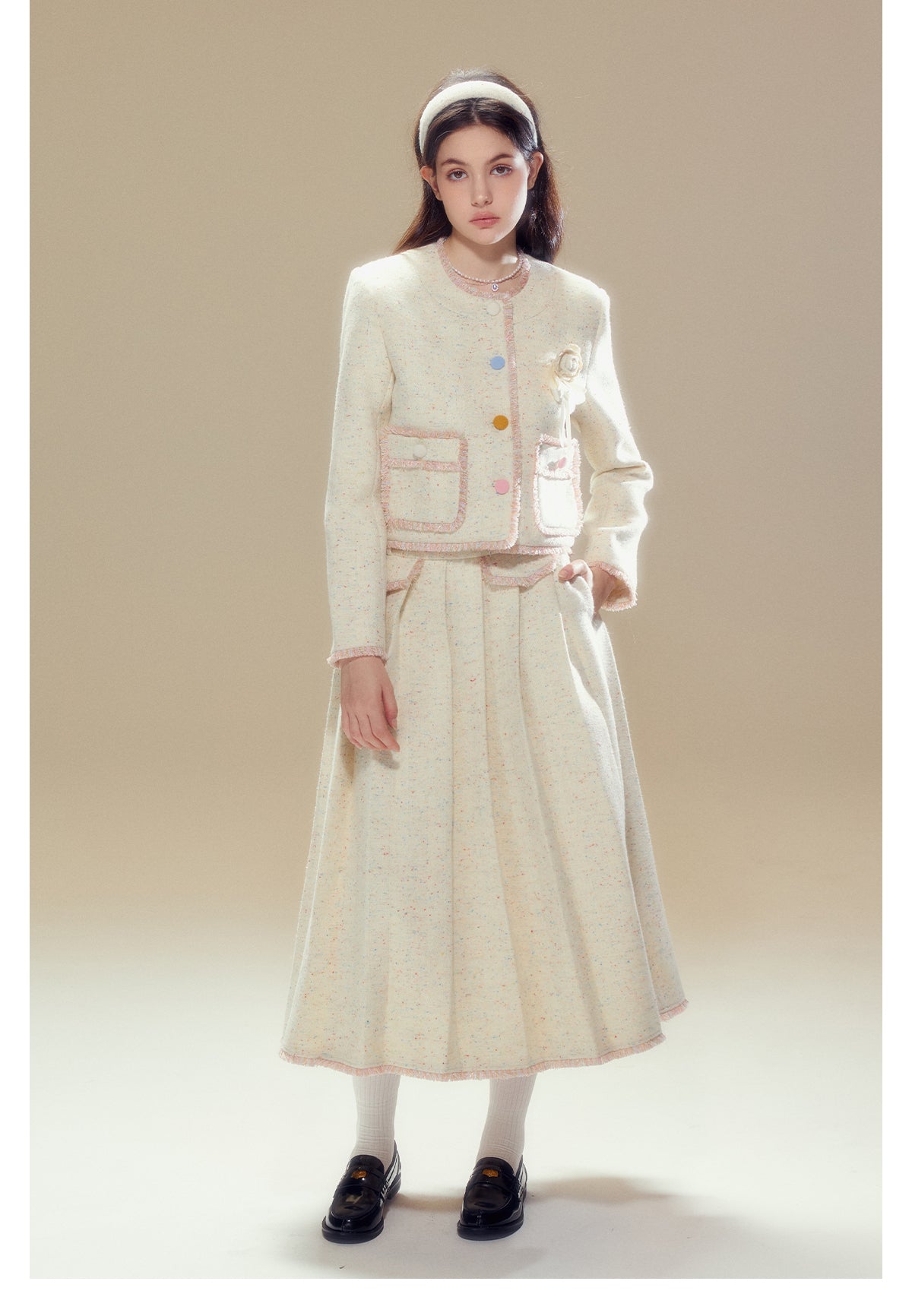 Girly Contrast Wool Ruffle Pocket Jacket & Long Woolen Skirt Setup