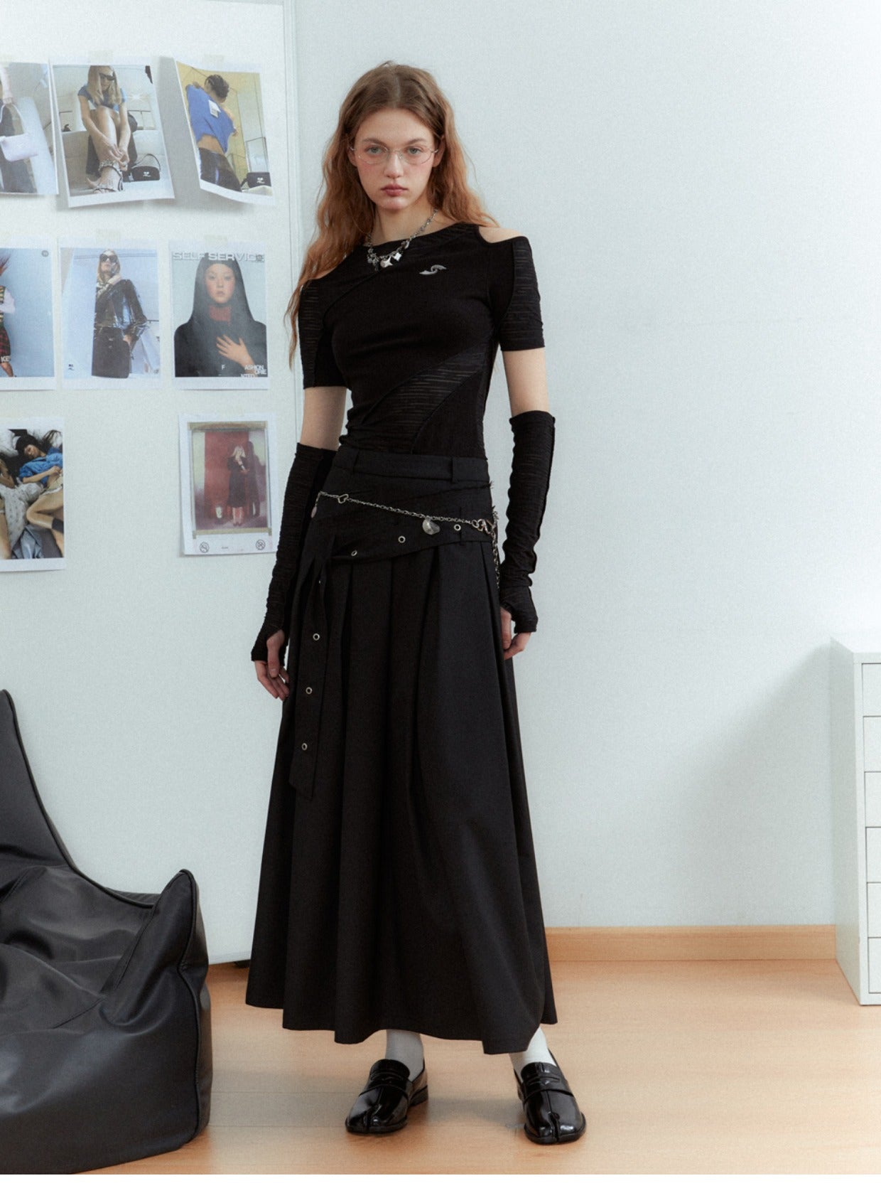 Asymmetrical long length pleated skirt