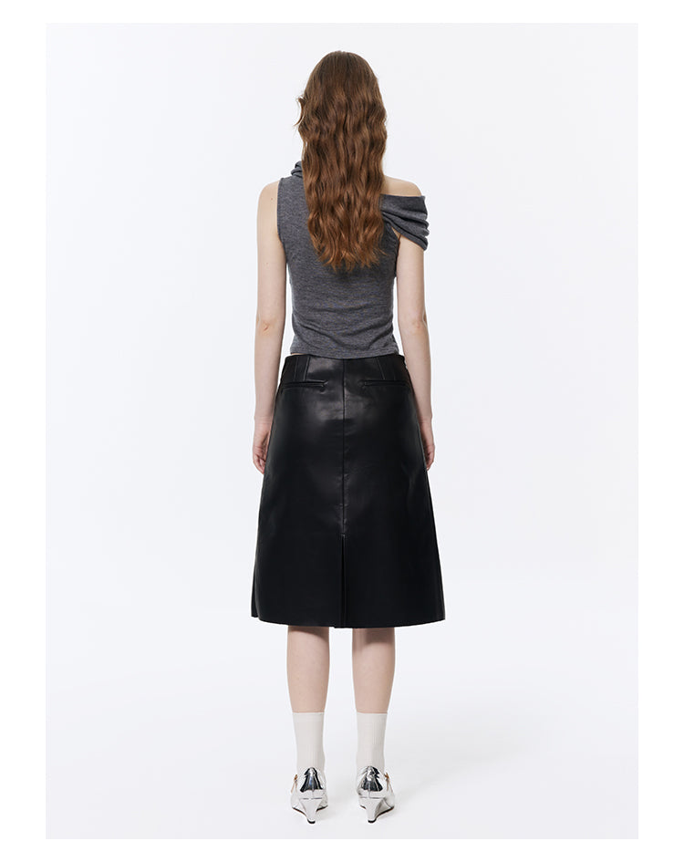 Retro Pleated A-line Leather Skirt