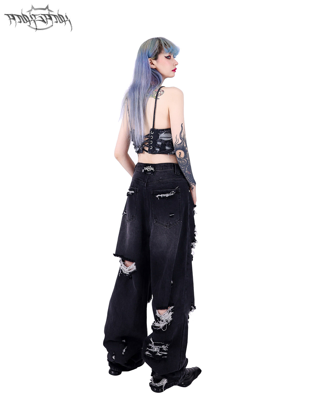 Wide Leg Irregular Damaged Denim Pants