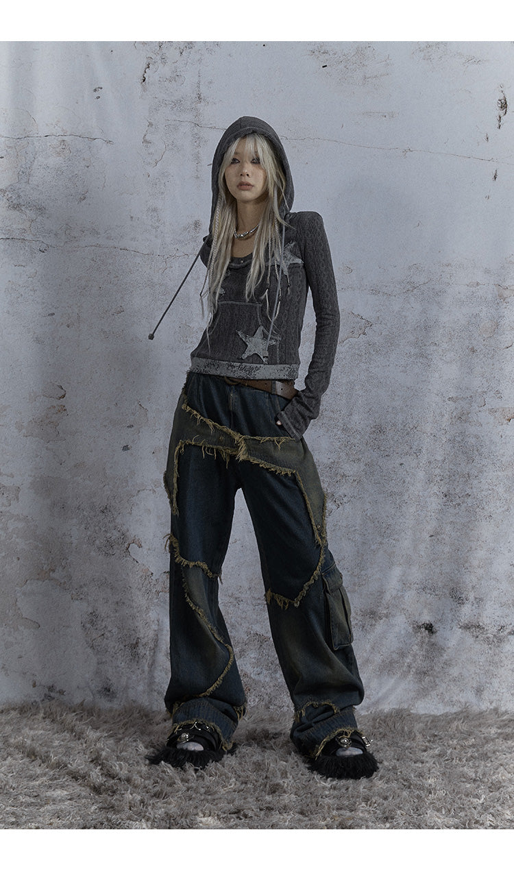 Washed Star Damaged Design Denim Pants