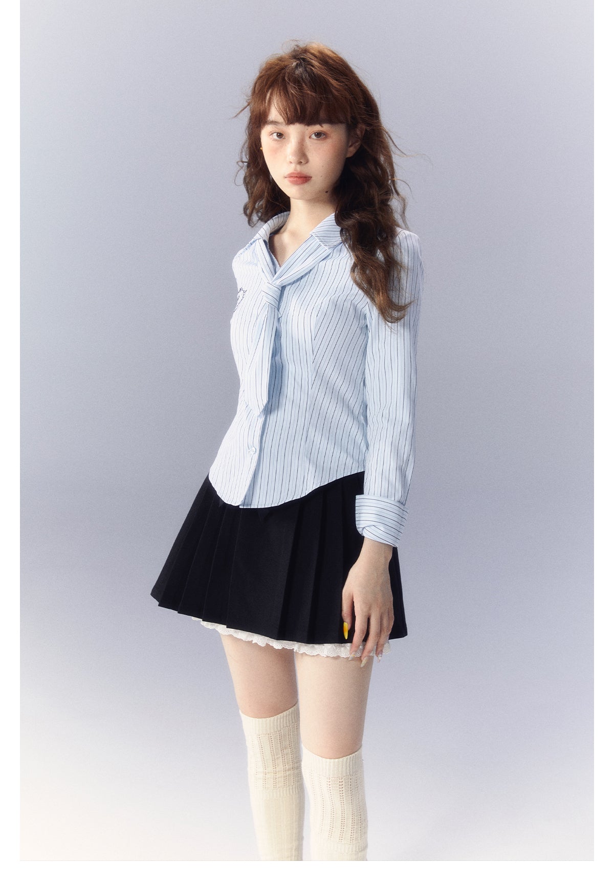 Stripe Embroidered Tie Long Sleeve Slim Shirt