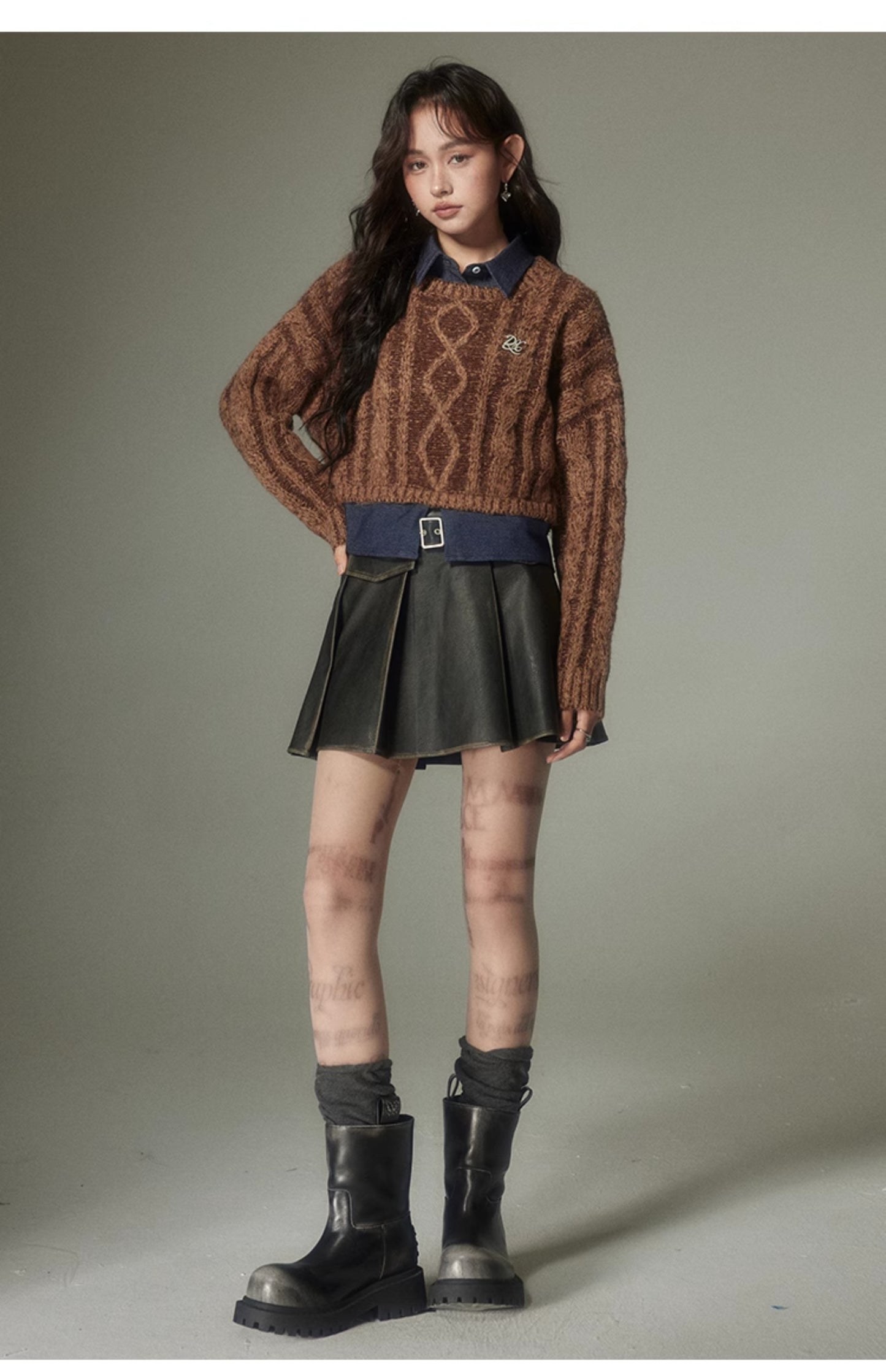 Short length retro knit & shirt faux two-piece