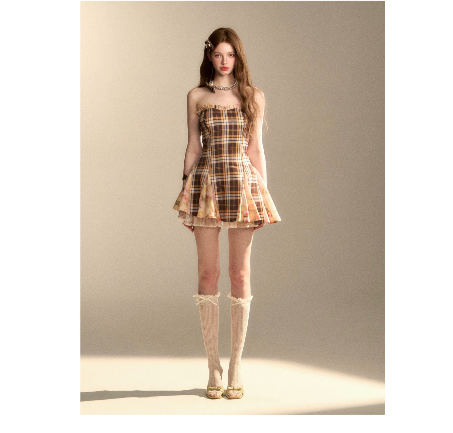 Original Checked Splicing Floral Dress