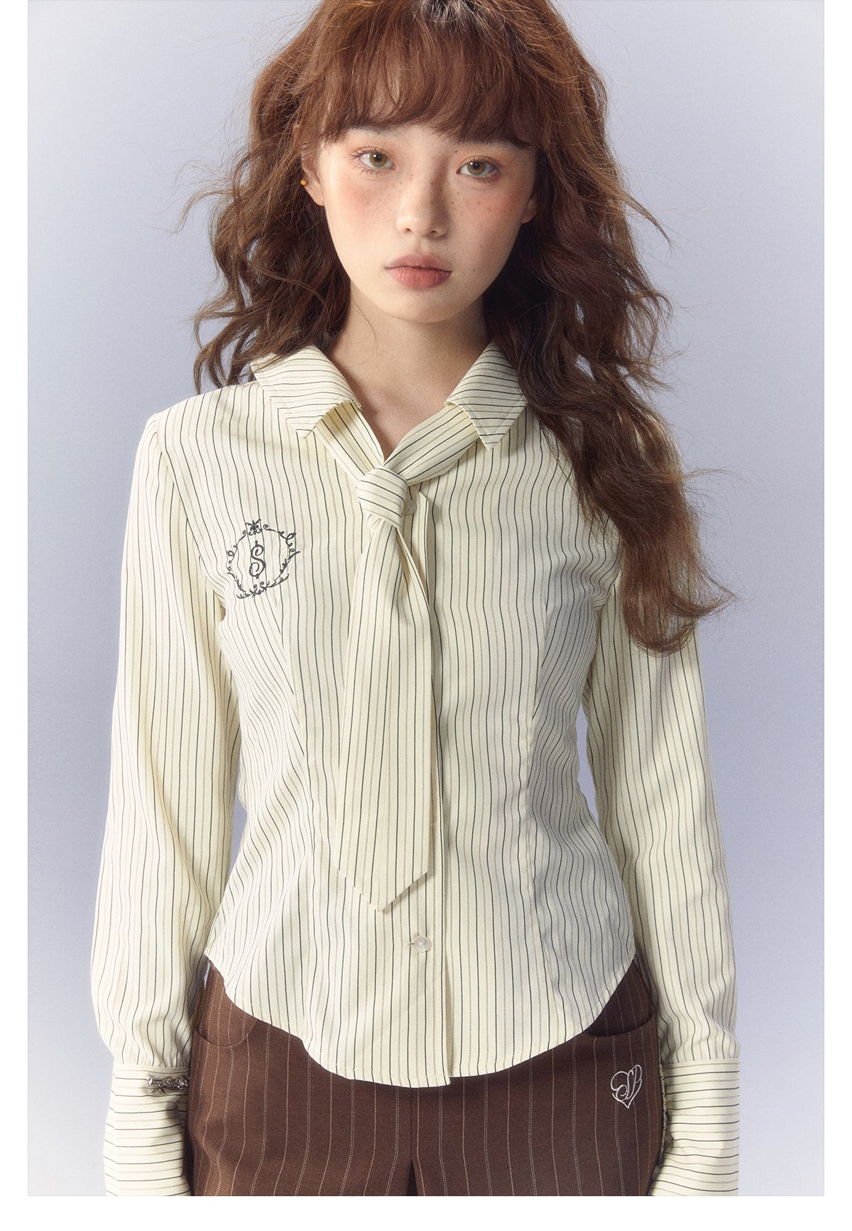 Stripe Embroidered Tie Long Sleeve Slim Shirt