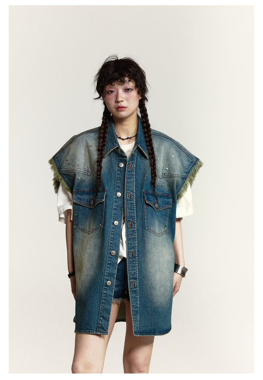 Loose fit washed denim vest jacket