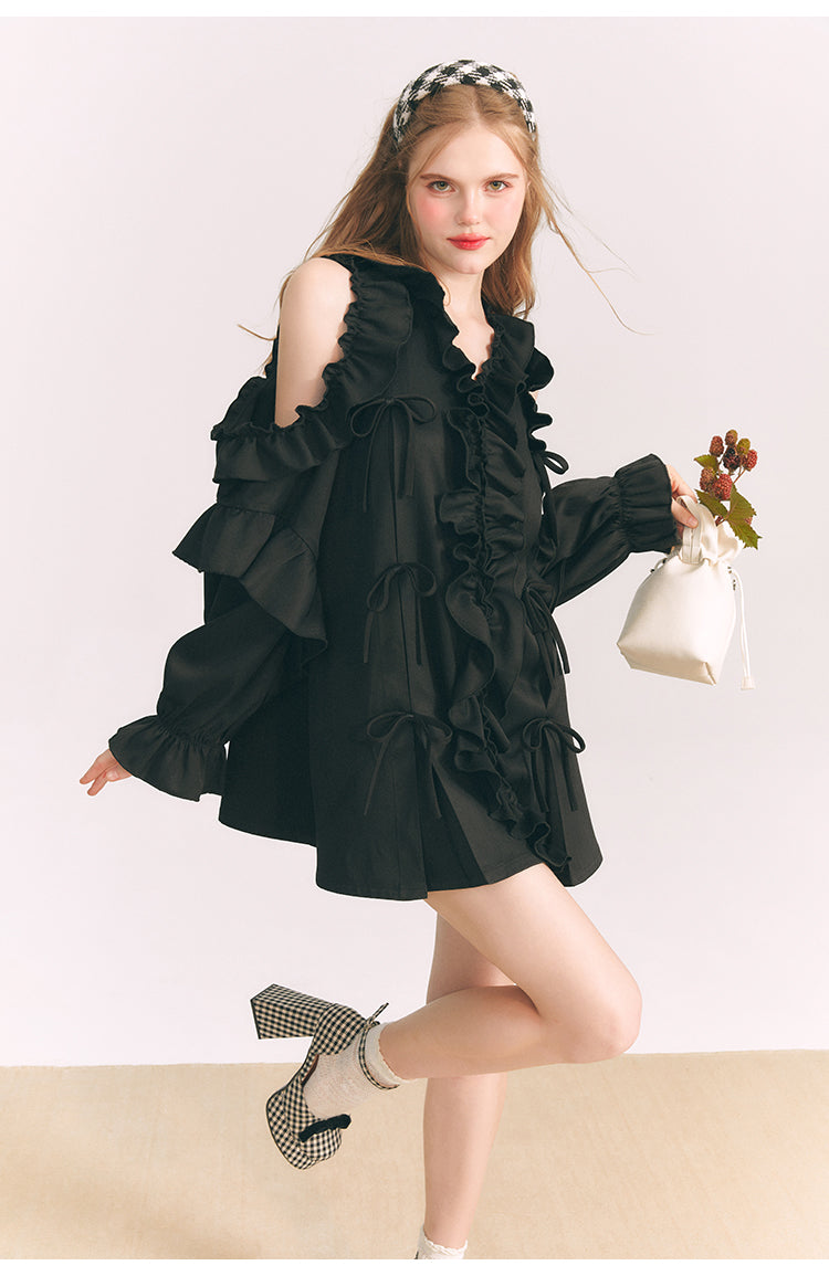 Off-the-shoulder Frilled V-neck Shirt Dress