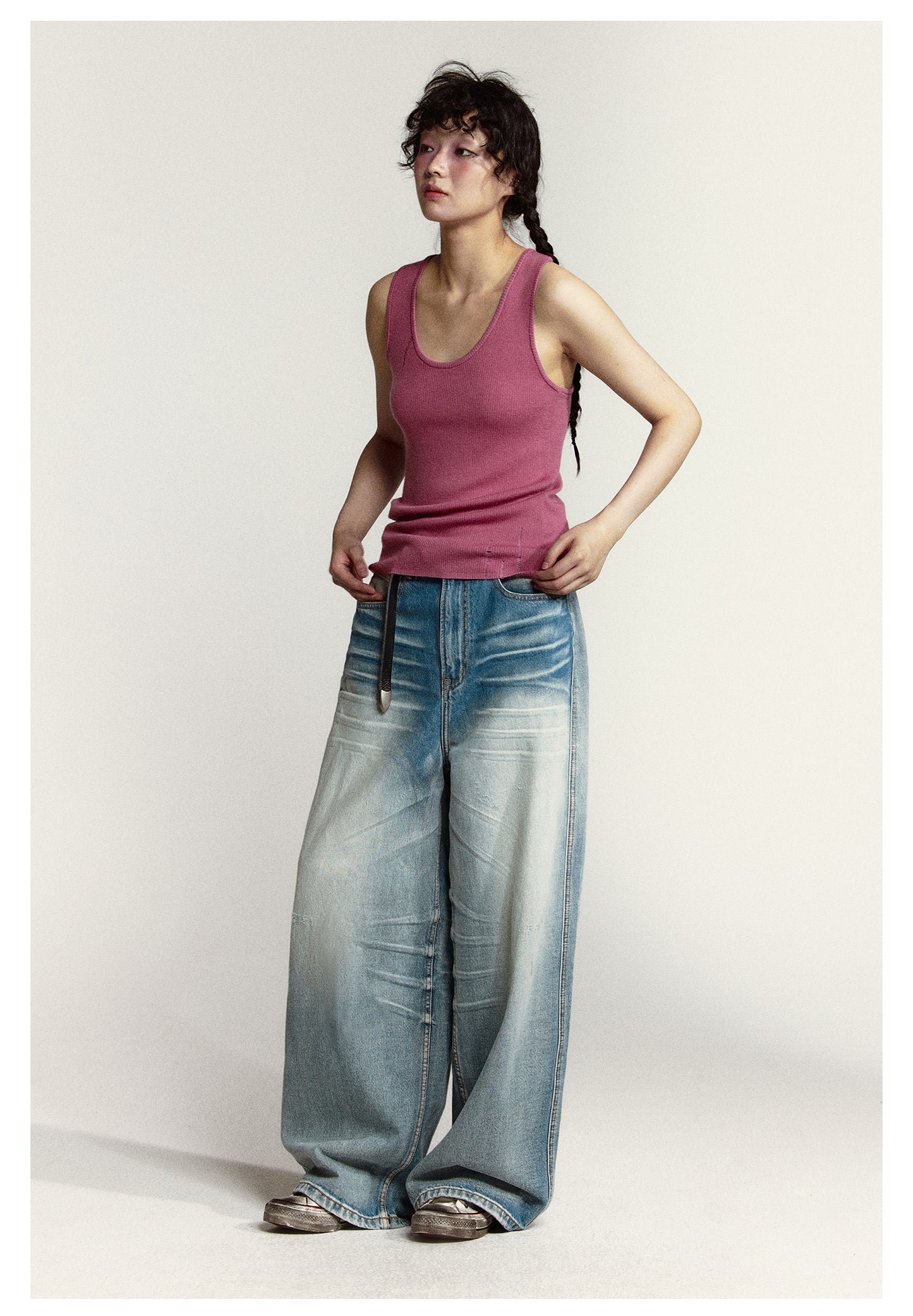 Wide-leg flared washed retro denim pants