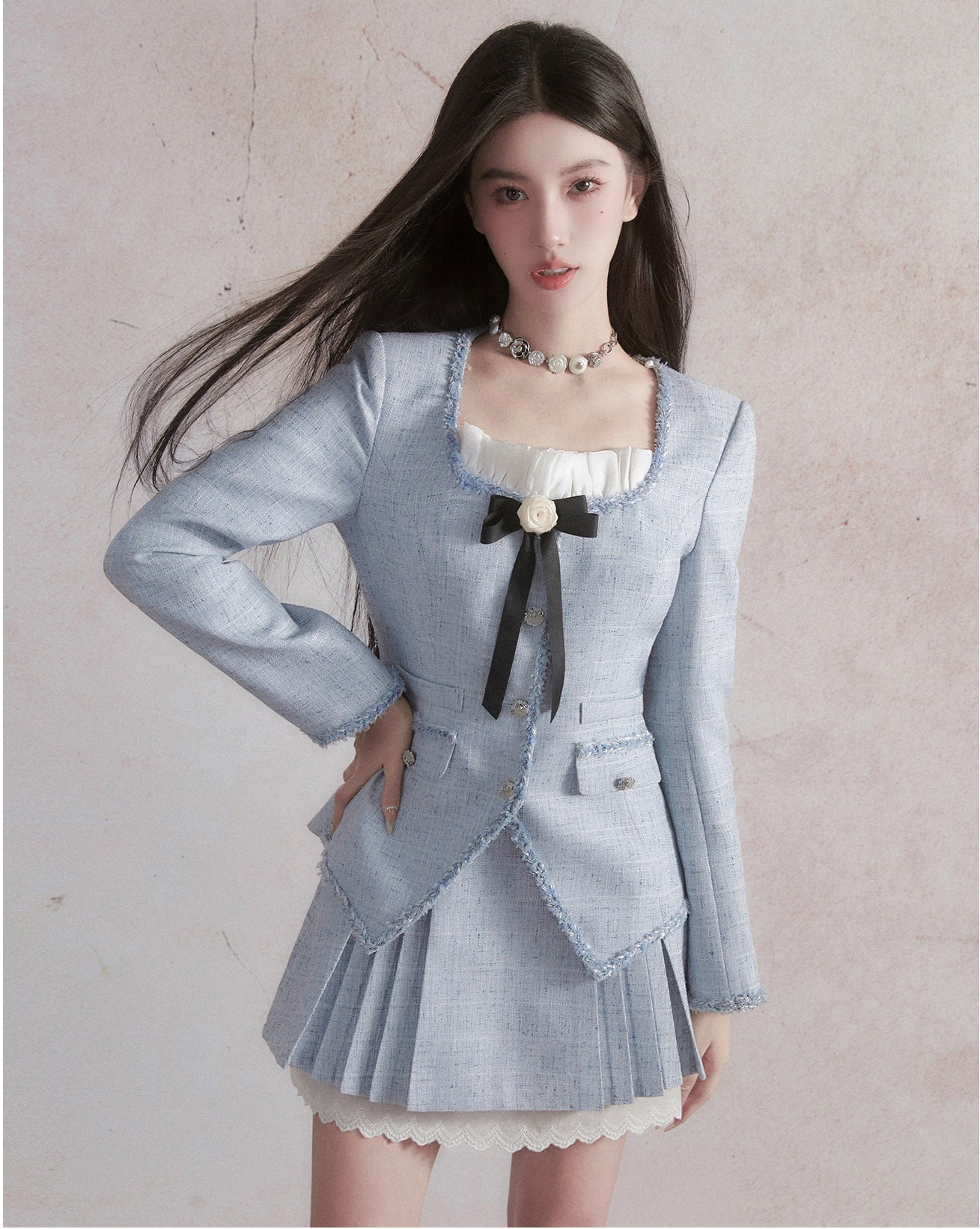 Square Neck Front Ribbon Jacket &amp; s Pleated Layered Short Length Skirt Setup