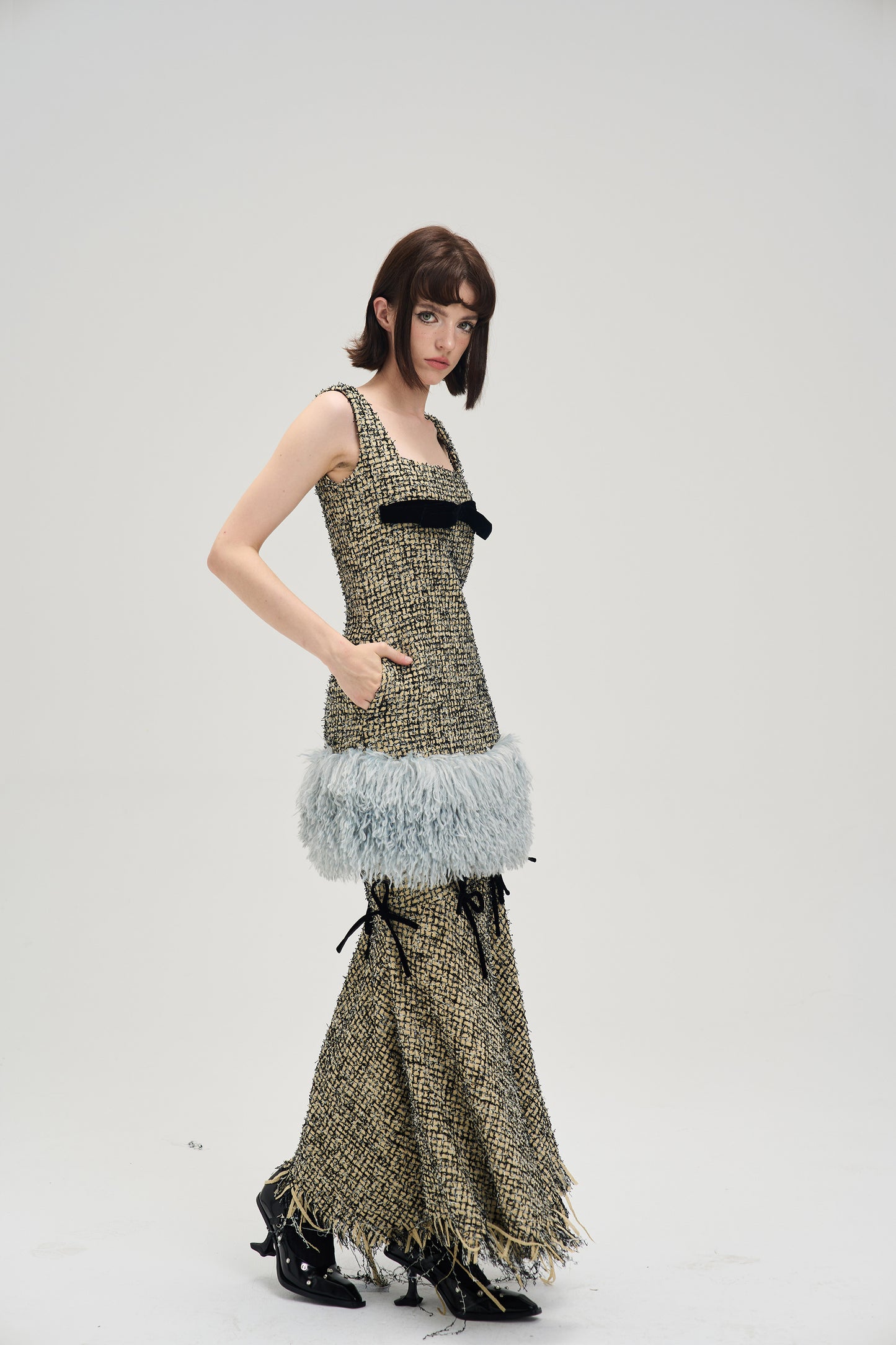 Square Neck Short Length Ribbon Tweed Fur Dress