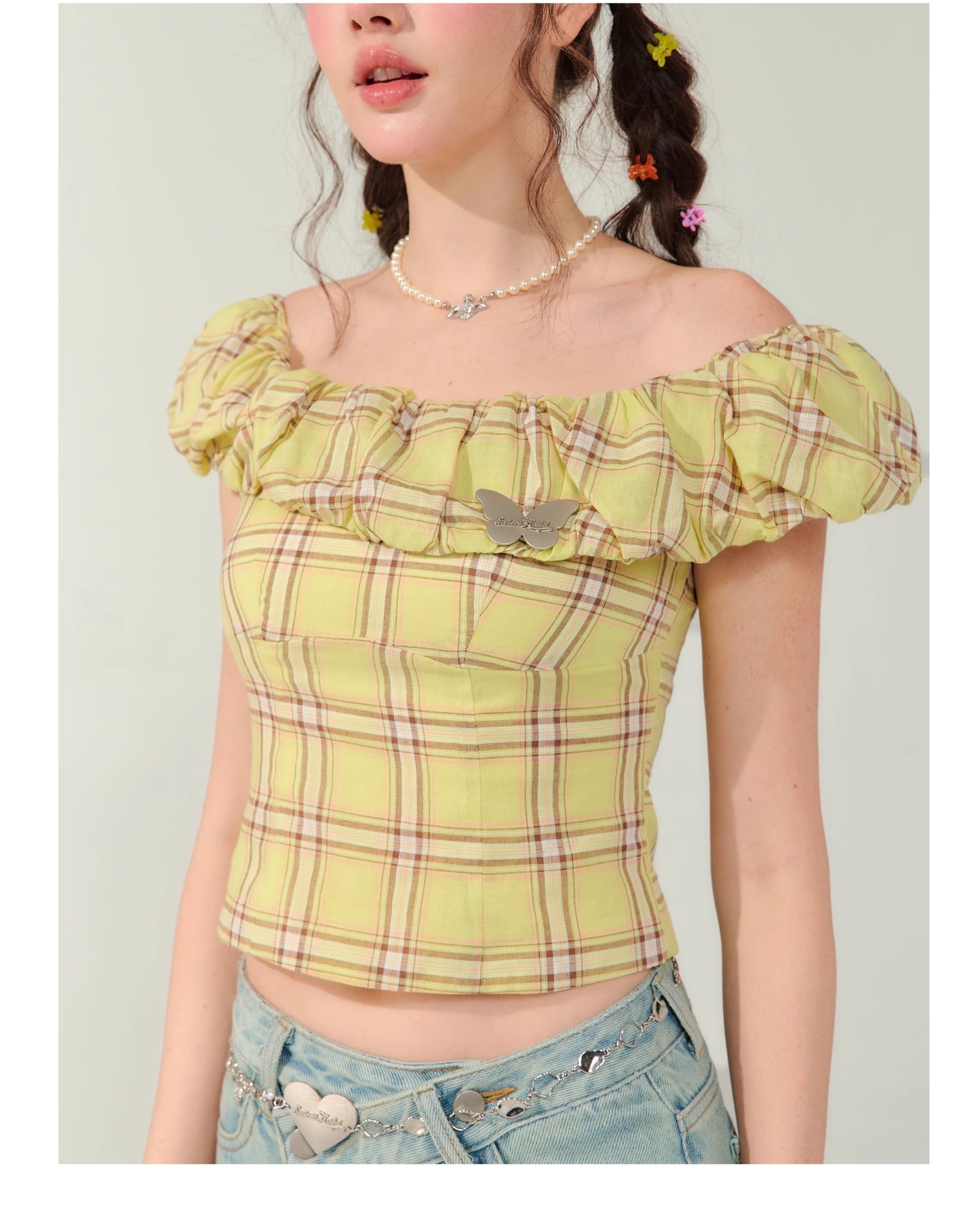 Plaid one-shoulder shirt