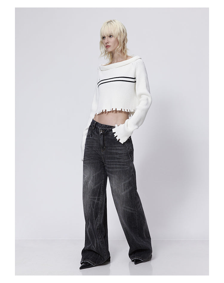 Wide Leg Washed Retro Flared Black Denim Pants