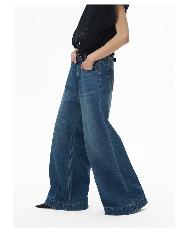 Wide-leg oversized washed retro denim pants