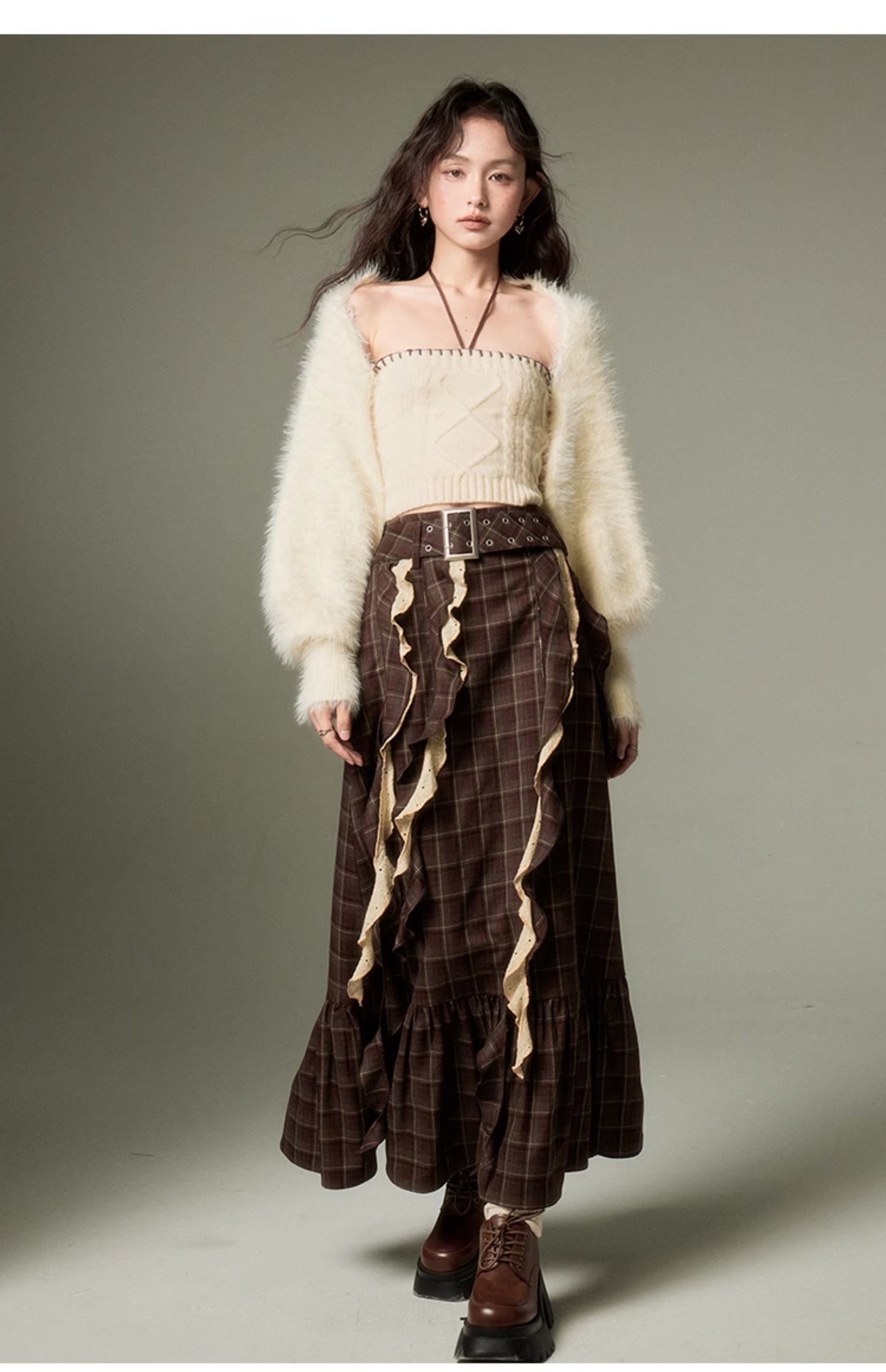 Irregular Design Plaid Long Length Skirt