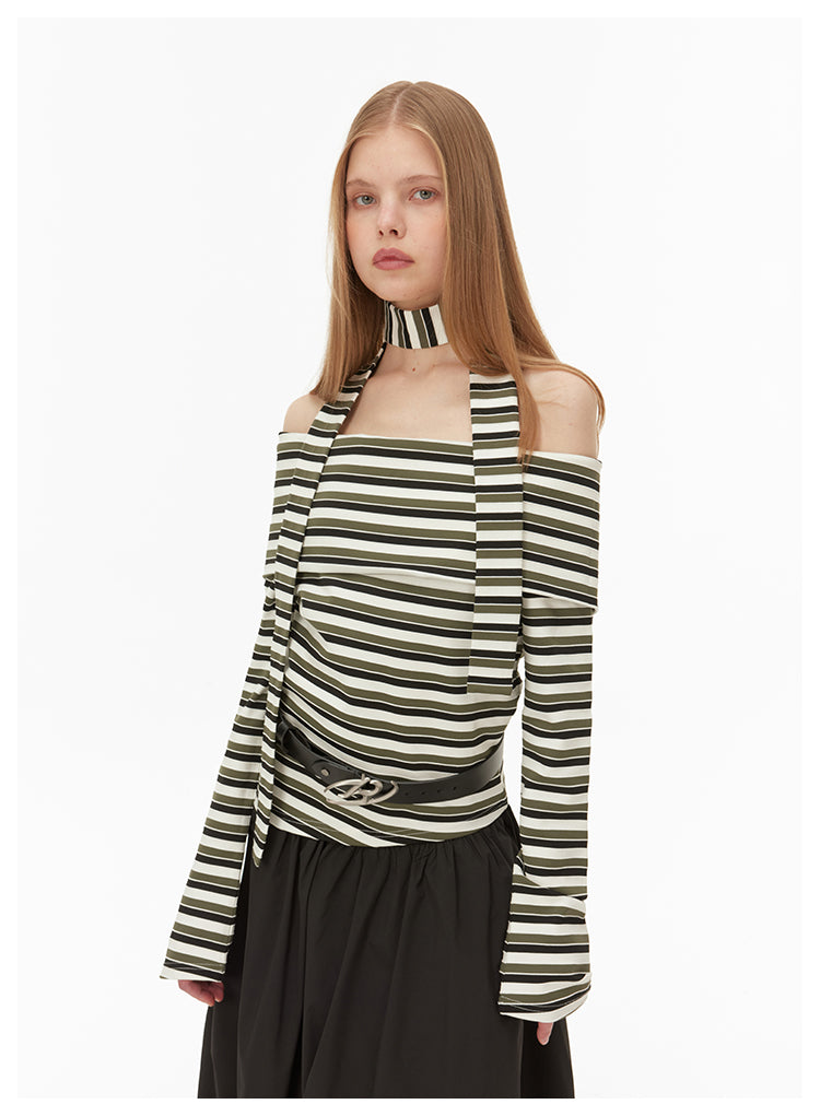 Off-shoulder neck strap striped knit