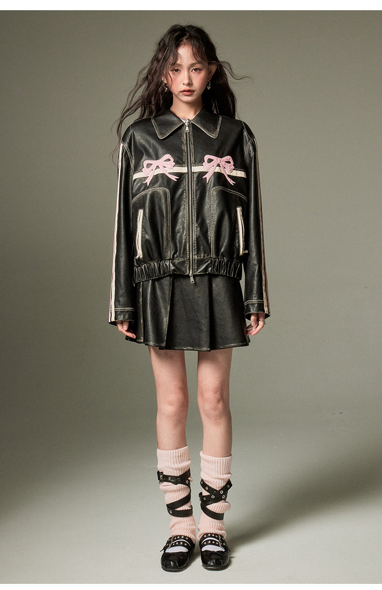 Retro Black Ribbon Leather Jacket