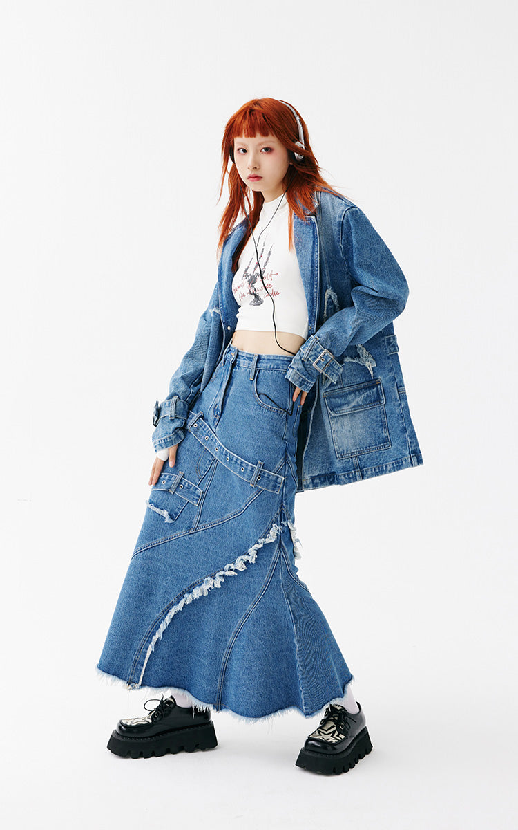 Loose Fit Damaged Star Shape Denim Setup