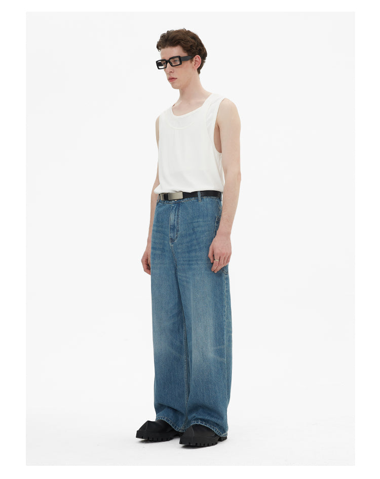 Wide leg irregular pocket washed denim pants