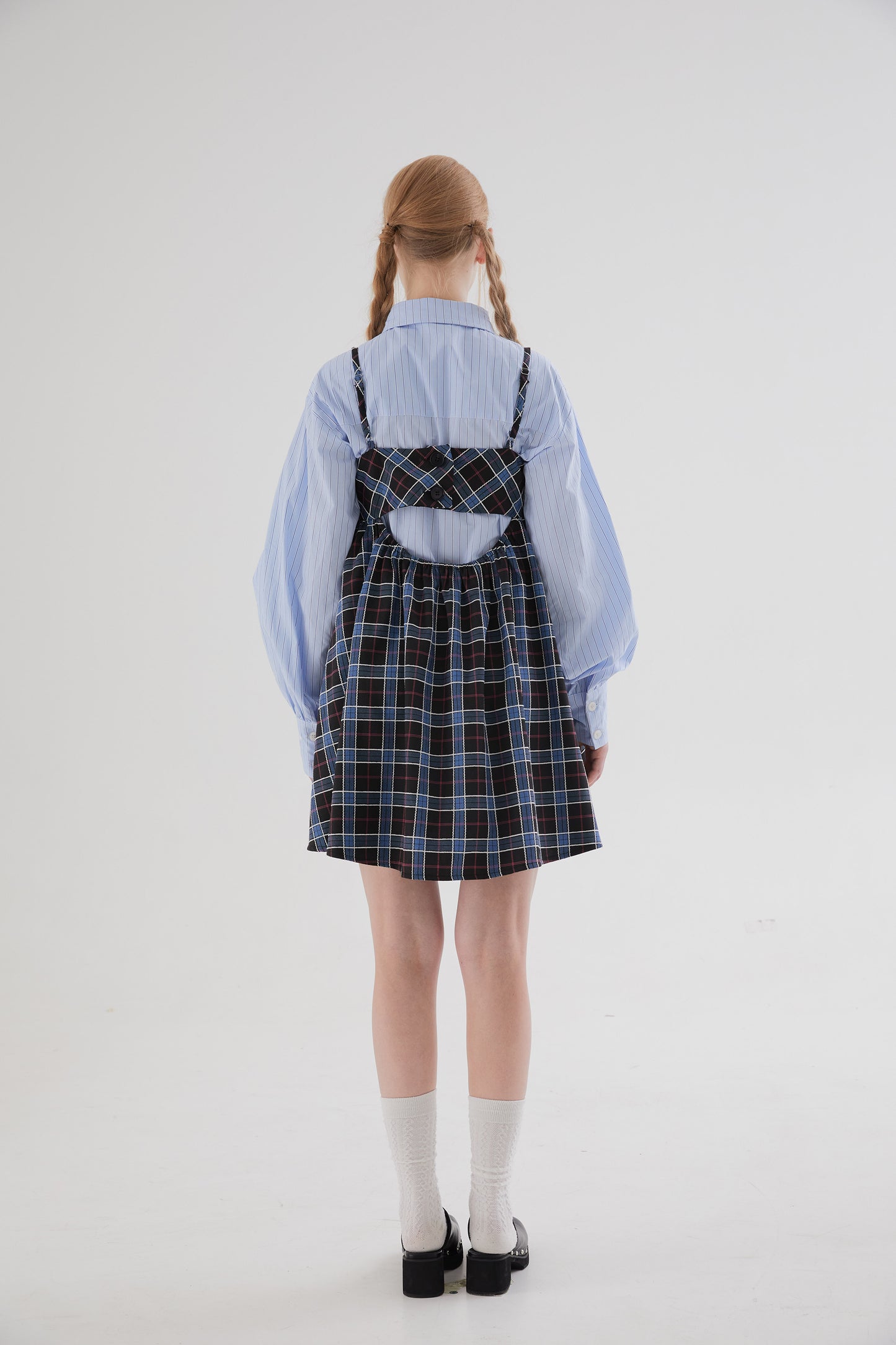 Plaid square-neck suspender dress