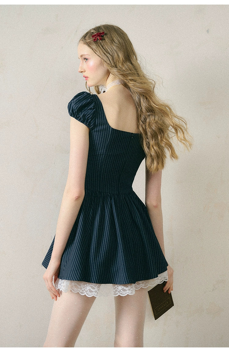 Ribbon Lace Stripe Puff Sleeve Dress