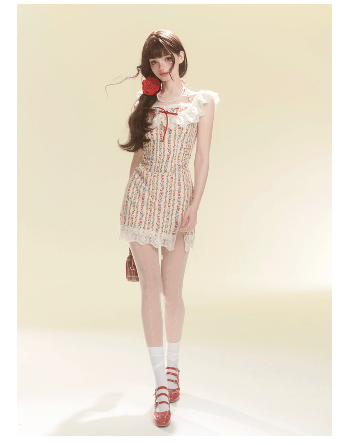 Floral Pattern Stripe Suspender Dress