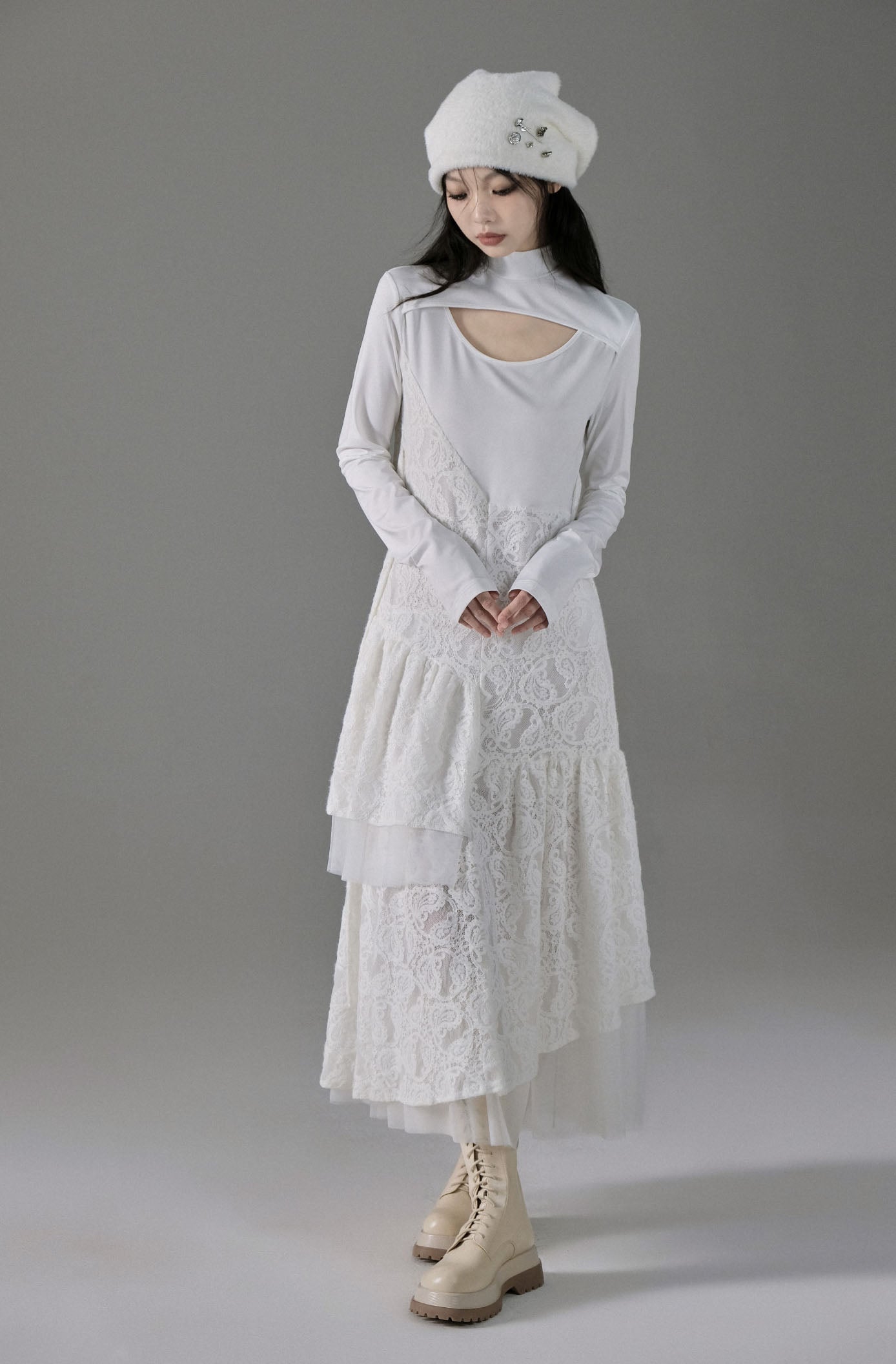 Gentle Style Asymmetric Stitch Hollow Jacquard Long Sleeve Dress