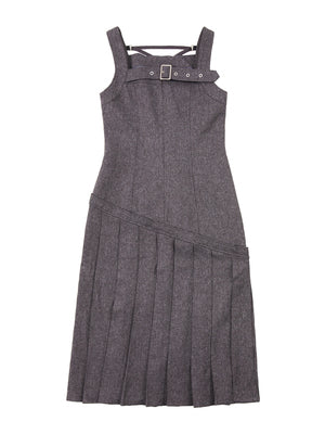 Square Neck Belt Pleated Suspender Dress