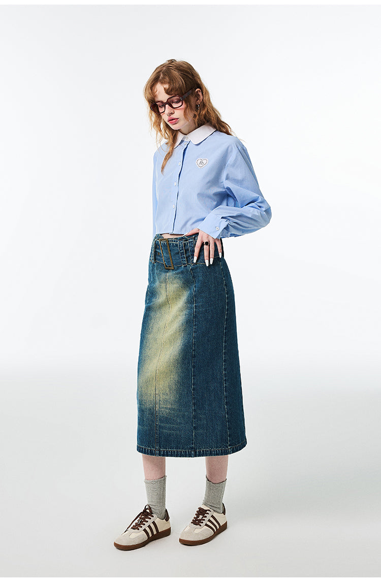 Hip Hugging High Waist Mid Length Denim Skirt