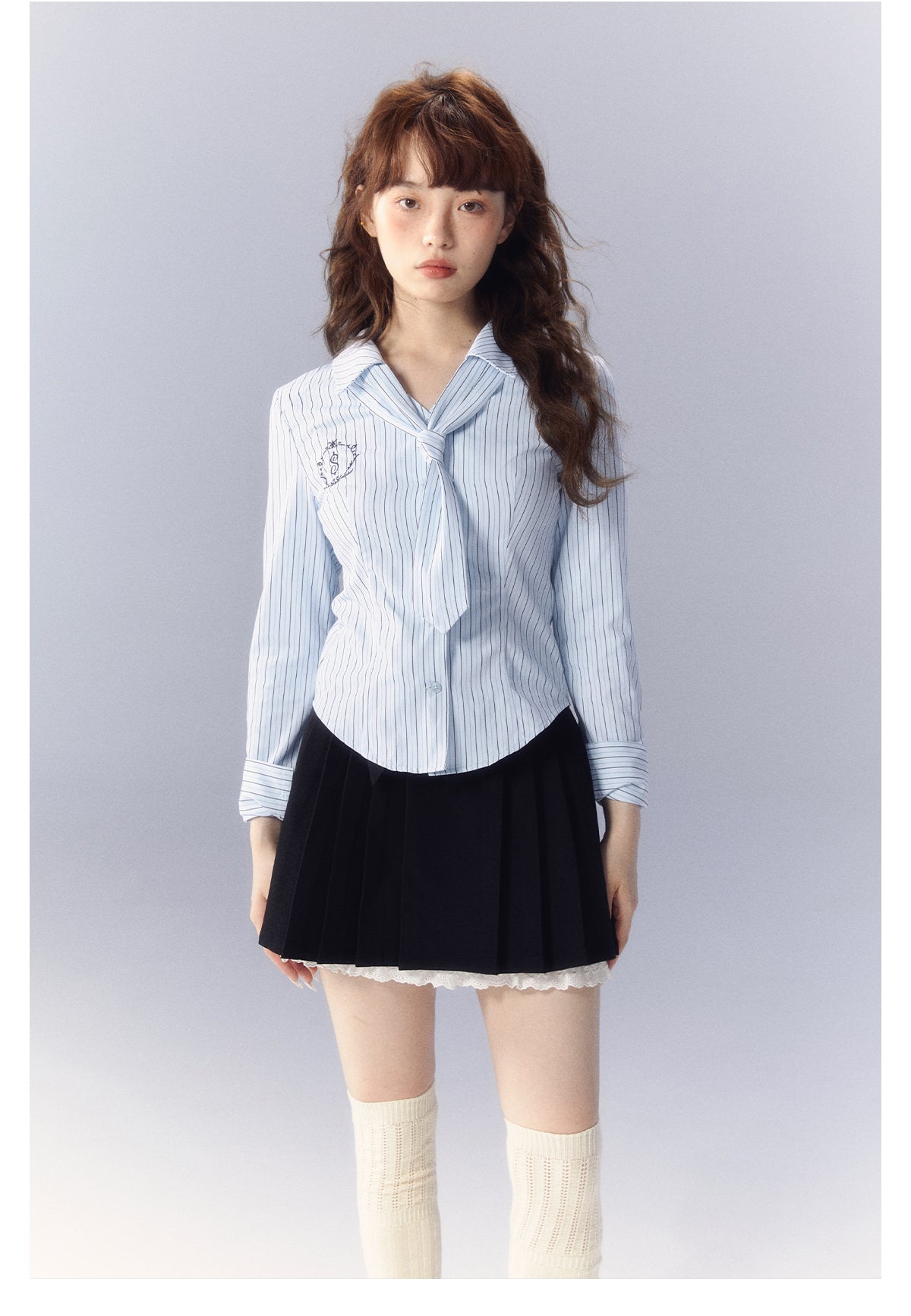 Stripe Embroidered Tie Long Sleeve Slim Shirt