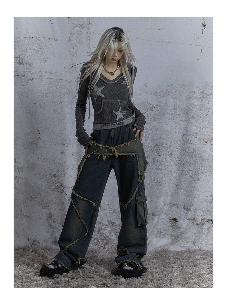 Washed Star Damaged Design Denim Pants