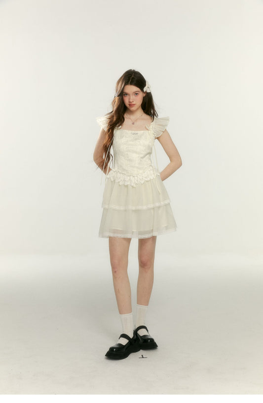 Pearl Flying Sleeves Cake Waist Dress