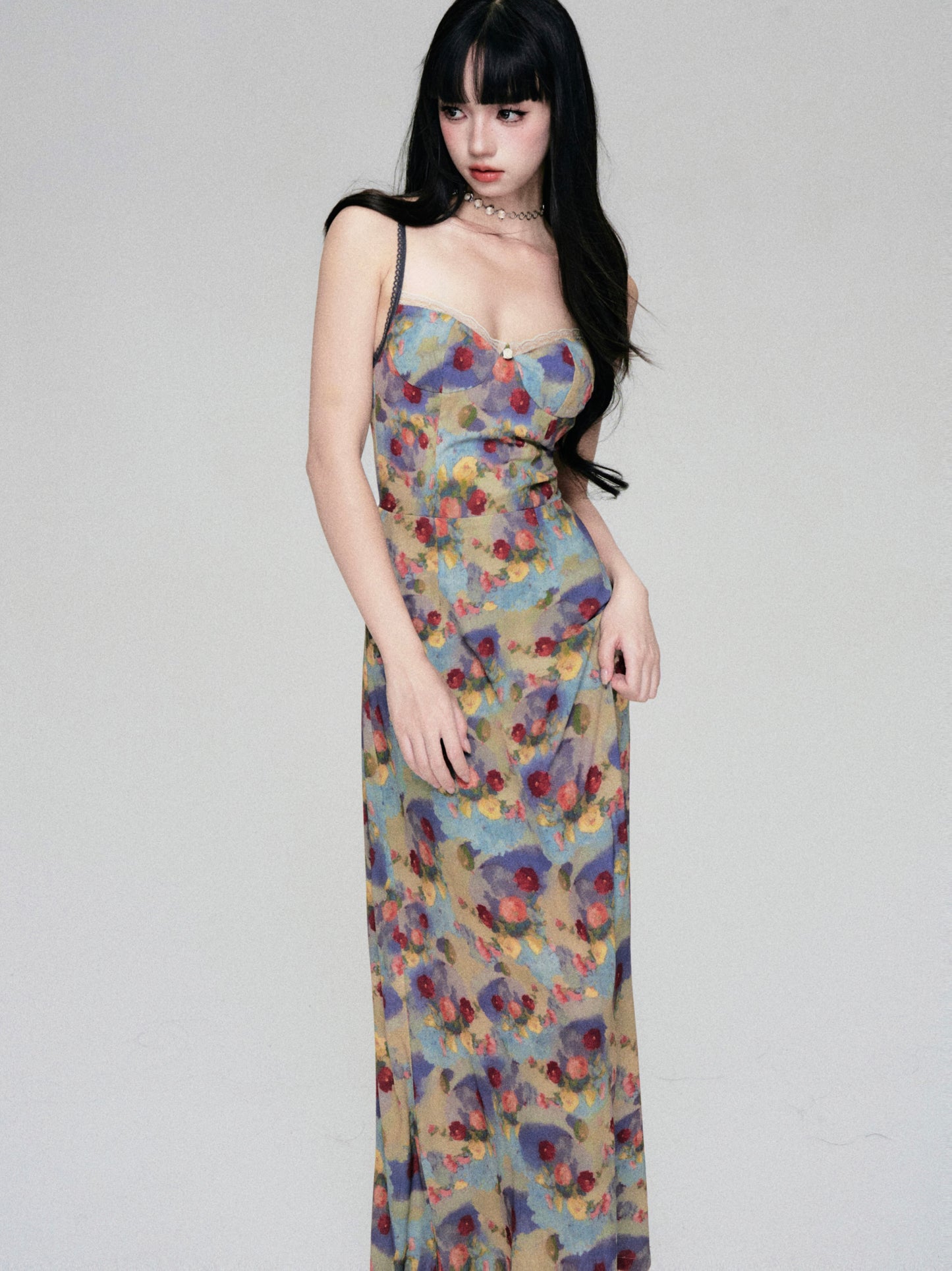 French Retro Stain Floral Suspender Dress