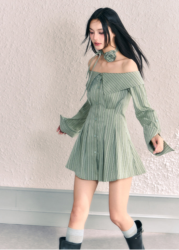 Off-Shoulder Striped Short Length Shirt Dress