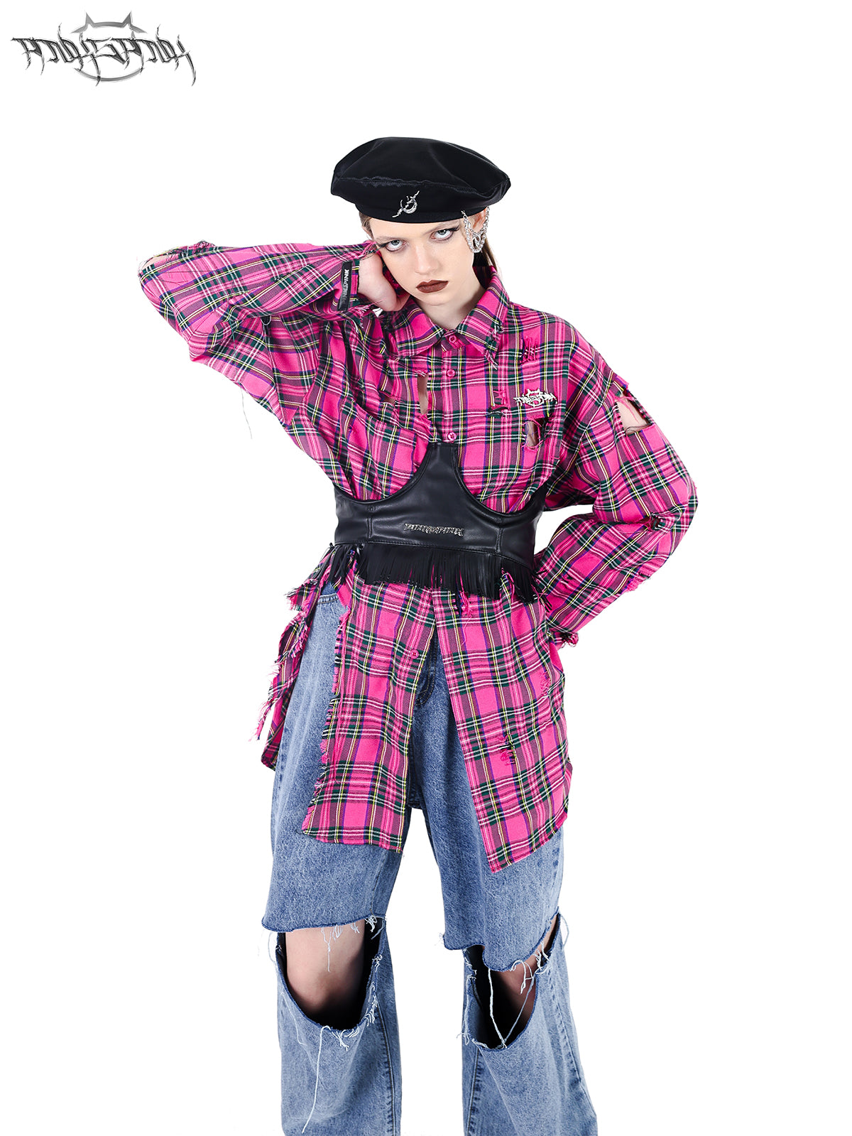 Loose fit pink plaid damaged shirt