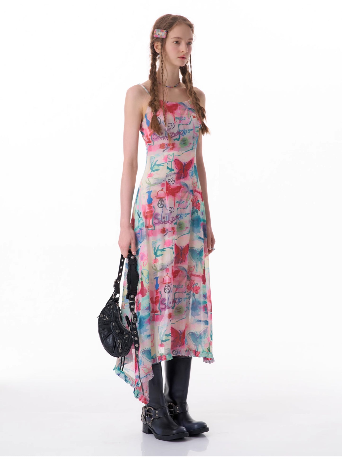 Graffiti butterfly print suspender dress